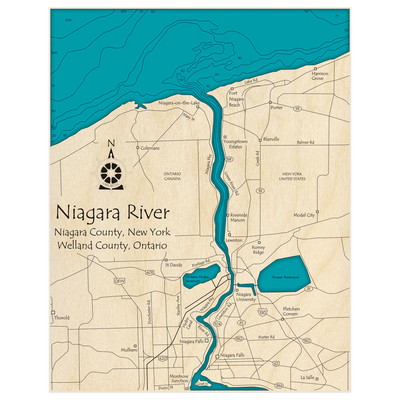 Bathymetric topo map of Niagara River (Ontario to Falls) with roads, towns and depths noted in blue water