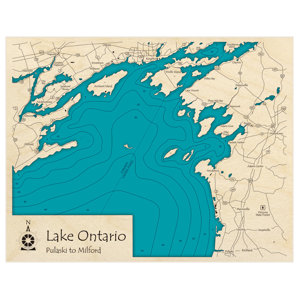 Bathymetric topo map of Lake Ontario Section (From Pulaski NY to Milford ON) with roads, towns and depths noted in blue water