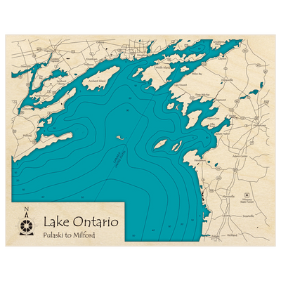 Bathymetric topo map of Lake Ontario Section (From Pulaski NY to Milford ON) with roads, towns and depths noted in blue water