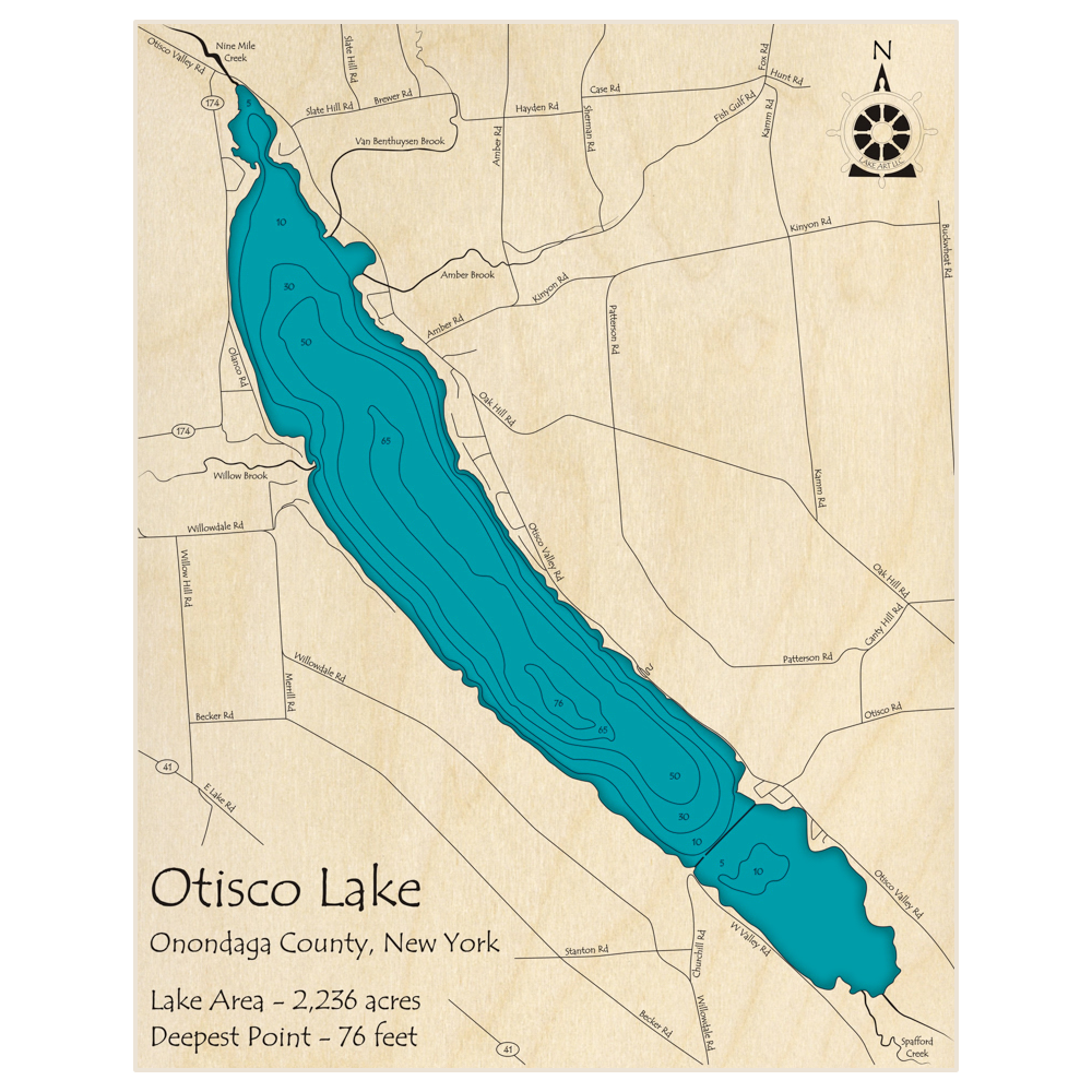 Bathymetric topo map of Otisco Lake with roads, towns and depths noted in blue water