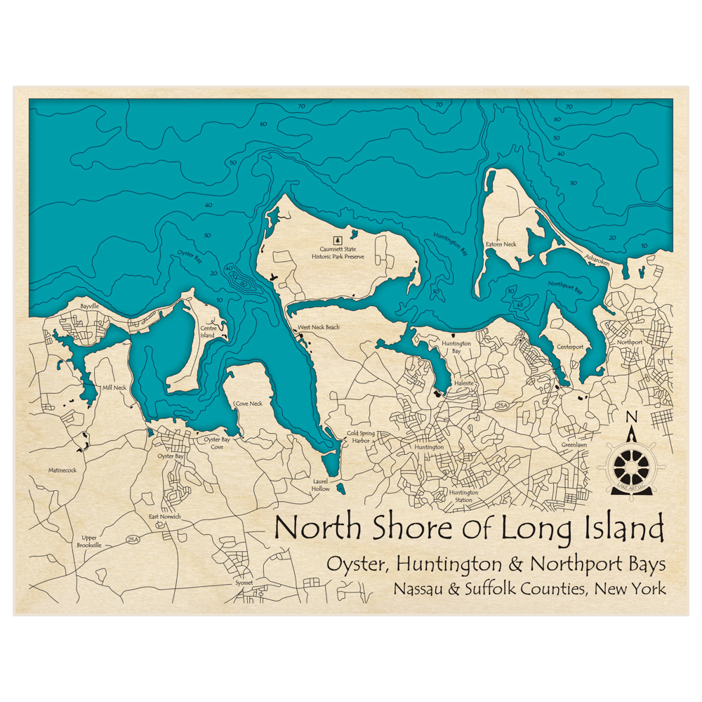 Bathymetric topo map of North Shore of Long Island (Oyster, Huntington and Northport Bays) with roads, towns and depths noted in blue water