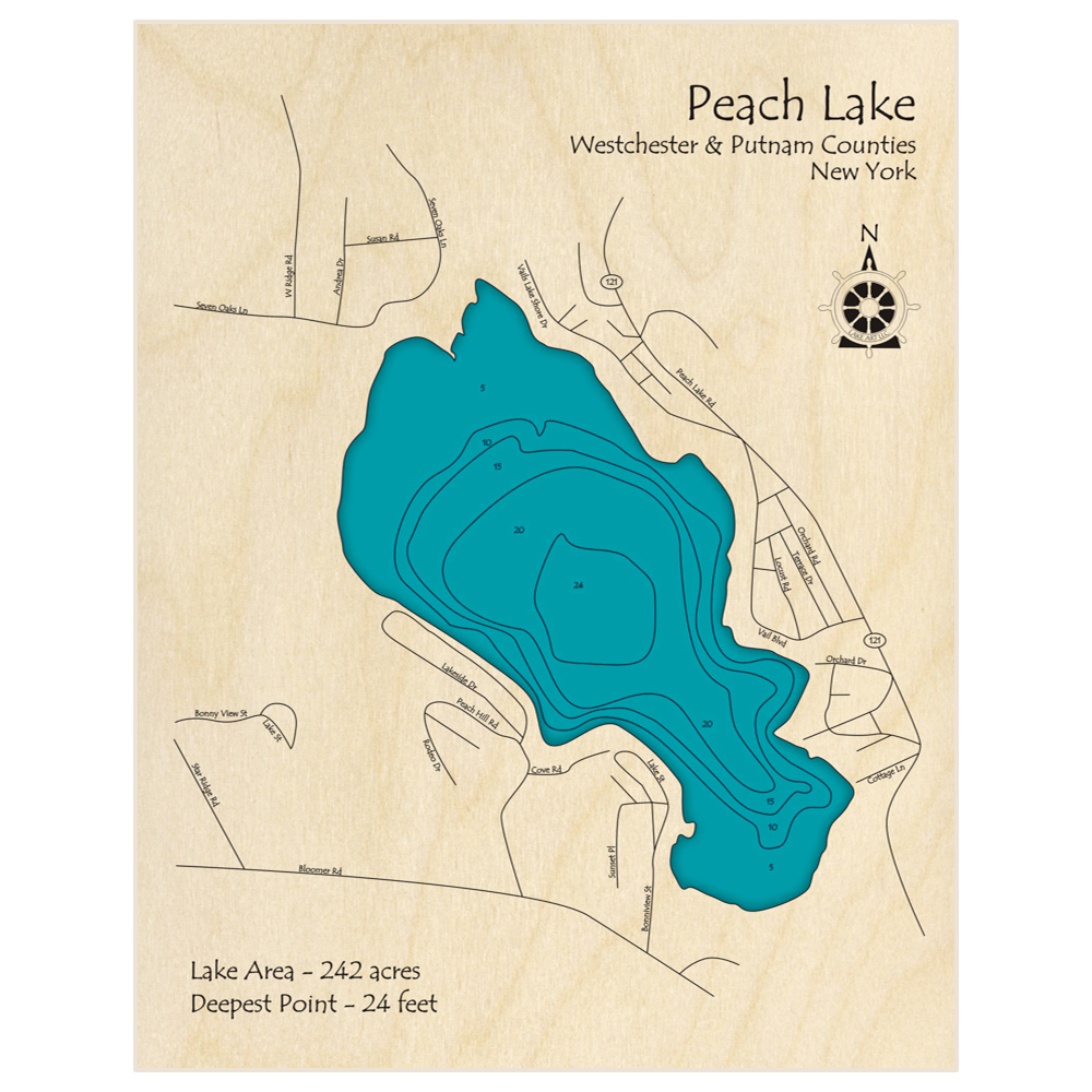 Bathymetric topo map of Peach Lake with roads, towns and depths noted in blue water