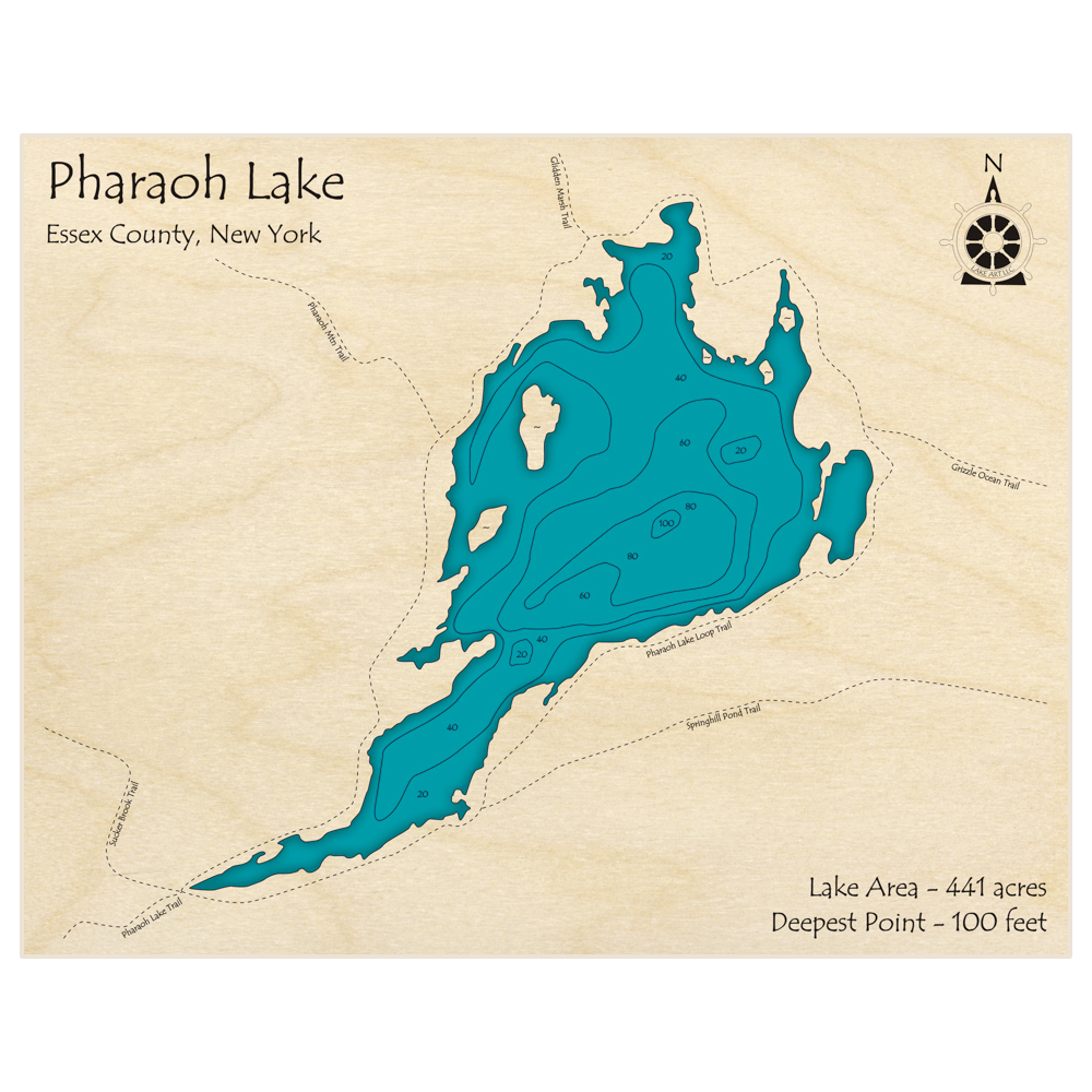 Bathymetric topo map of Pharaoh Lake with roads, towns and depths noted in blue water