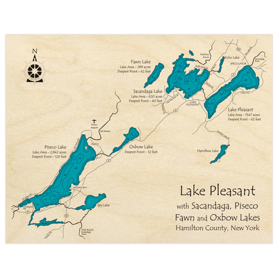Bathymetric topo map of Lake Pleasant (With Sacandaga Piseco Fawn and Oxbow Lakes) with roads, towns and depths noted in blue water