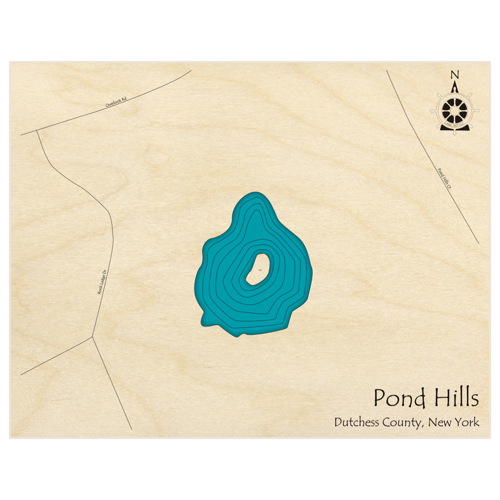 Bathymetric topo map of Pond Hills with roads, towns and depths noted in blue water