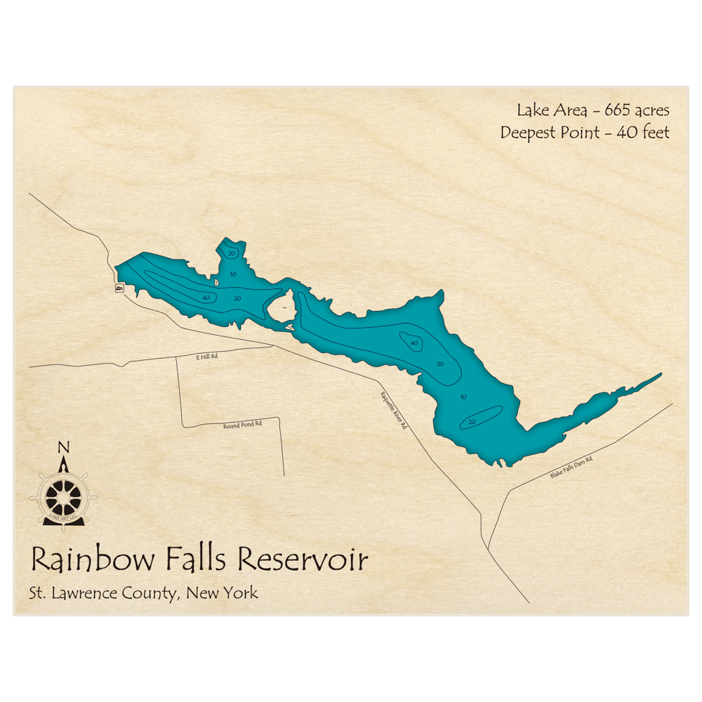 Bathymetric topo map of Rainbow Falls Reservoir with roads, towns and depths noted in blue water