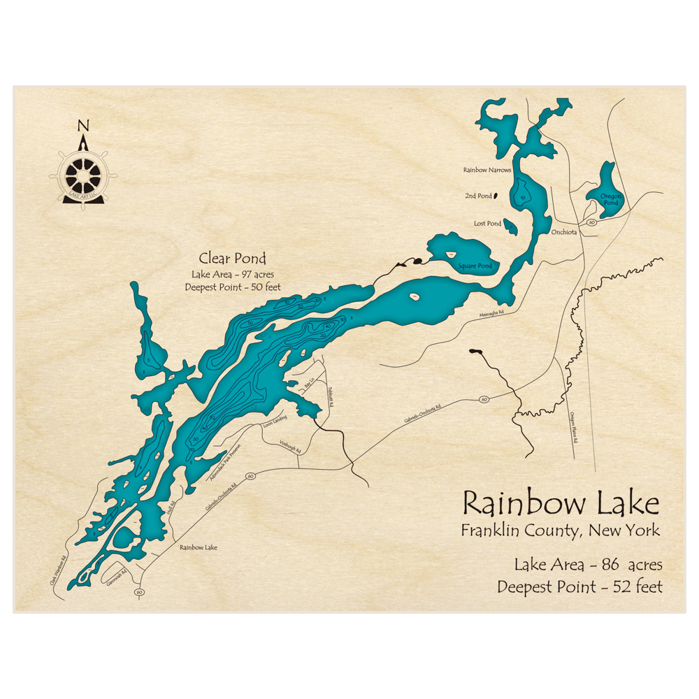 Bathymetric topo map of Rainbow Lake (extended to show Rainbow Narrows) with roads, towns and depths noted in blue water