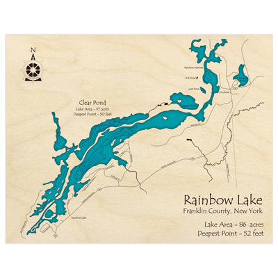 Bathymetric topo map of Rainbow Lake (extended to show Rainbow Narrows) with roads, towns and depths noted in blue water