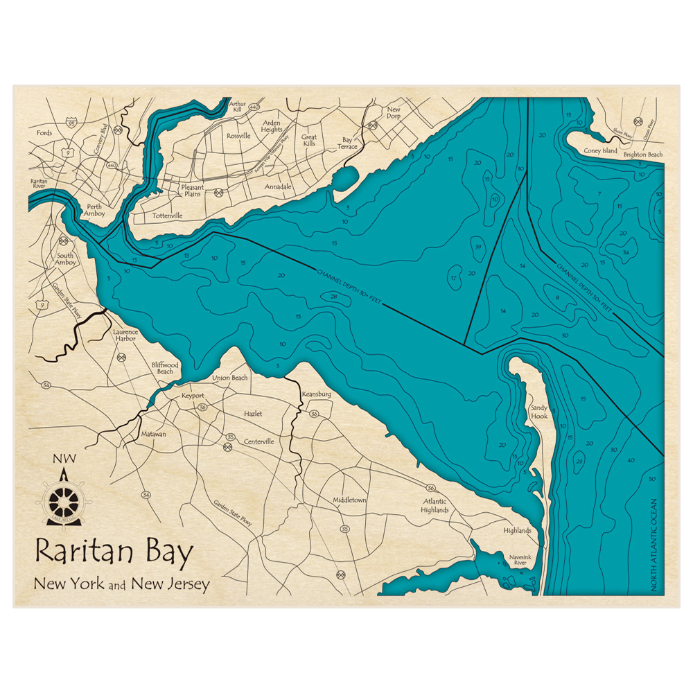 Bathymetric topo map of Raritan Bay with roads, towns and depths noted in blue water