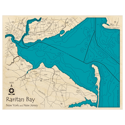 Bathymetric topo map of Raritan Bay with roads, towns and depths noted in blue water