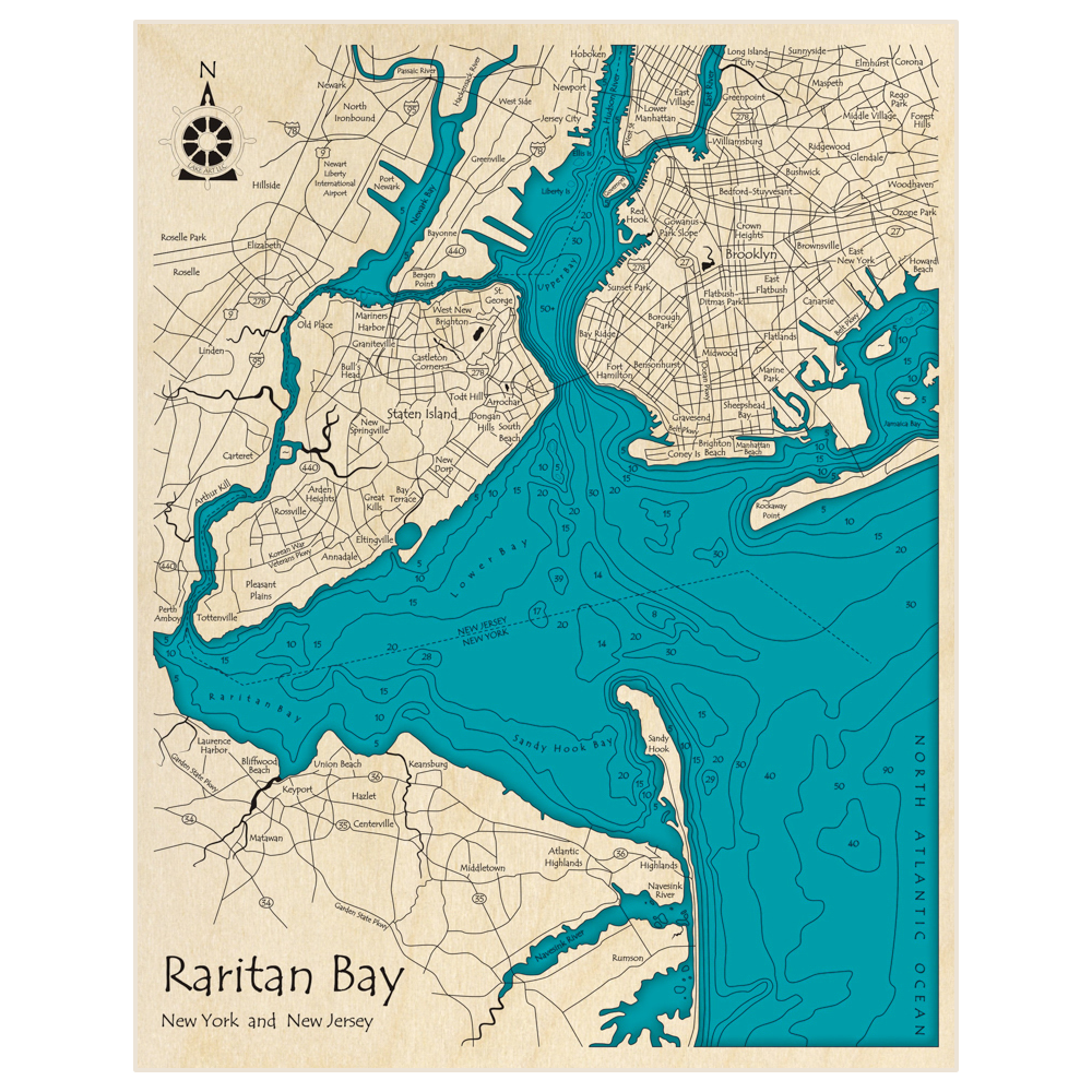 Bathymetric topo map of Raritan Bay- Upper Bay- Lower Bay with roads, towns and depths noted in blue water
