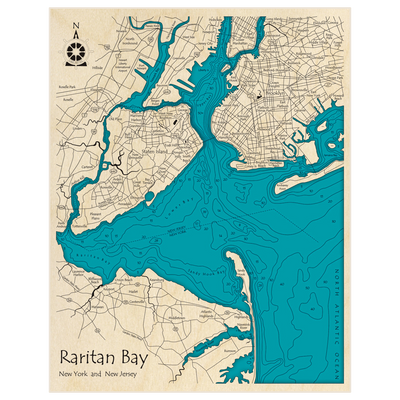Bathymetric topo map of Raritan Bay- Upper Bay- Lower Bay with roads, towns and depths noted in blue water