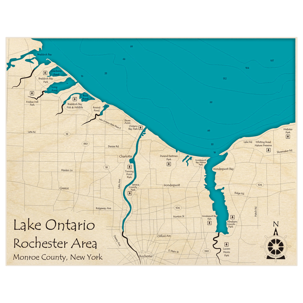 Bathymetric topo map of Rochester Area (from Braddock Bay to Irondequoit Bay) with roads, towns and depths noted in blue water