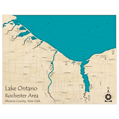 Bathymetric topo map of Rochester Area (from Braddock Bay to Irondequoit Bay) with roads, towns and depths noted in blue water