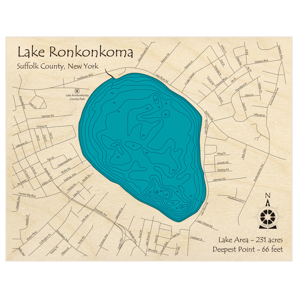 Bathymetric topo map of Lake Ronkonkoma with roads, towns and depths noted in blue water