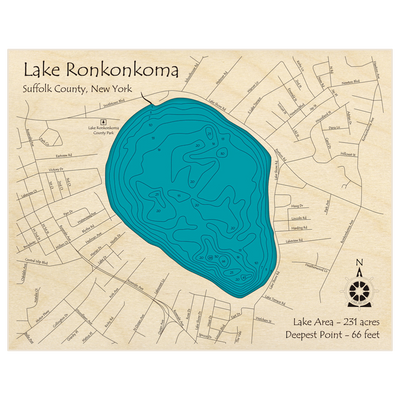 Bathymetric topo map of Lake Ronkonkoma with roads, towns and depths noted in blue water