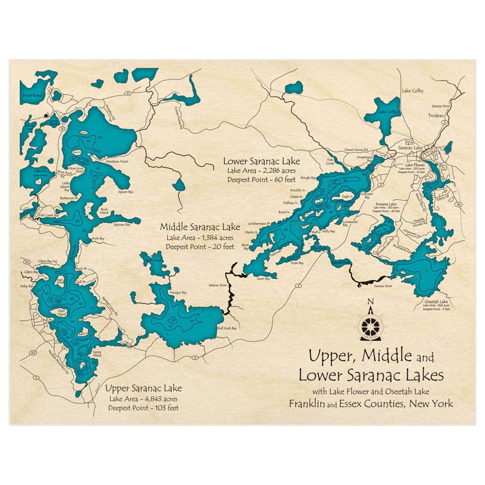 Bathymetric topo map of Saranac Lakes (Upper Middle Lower Lakes with Oseetah/Flower) with roads, towns and depths noted in blue water