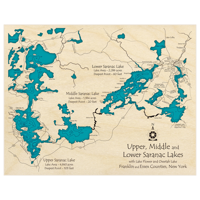Bathymetric topo map of Saranac Lakes (Upper Middle Lower Lakes with Oseetah/Flower) with roads, towns and depths noted in blue water