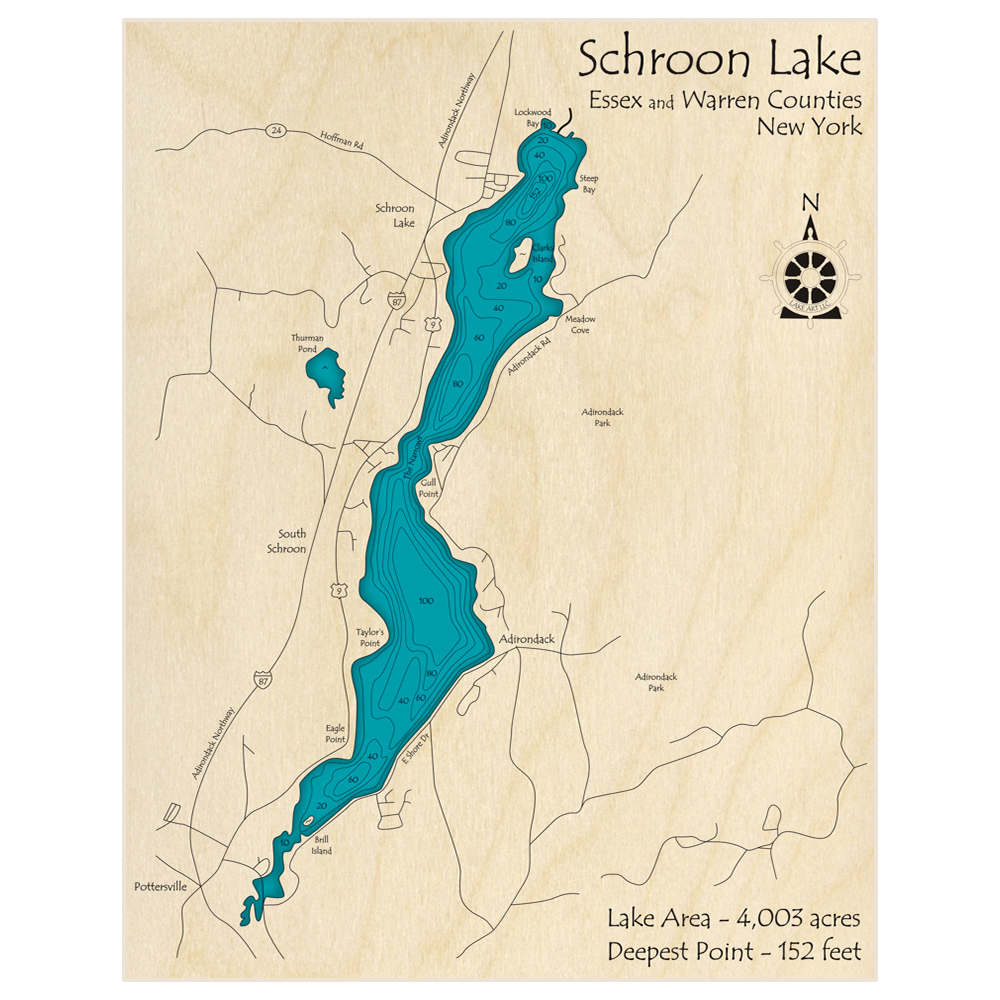 Bathymetric topo map of Schroon Lake with roads, towns and depths noted in blue water