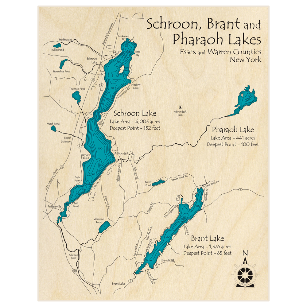 Bathymetric topo map of Schroon Brant Pharaoh Lakes with roads, towns and depths noted in blue water