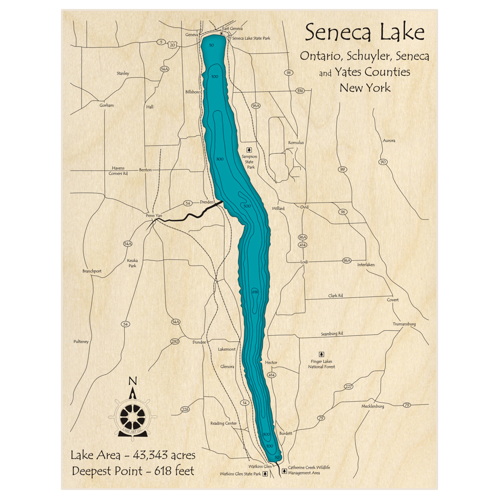 Bathymetric topo map of Seneca Lake with roads, towns and depths noted in blue water
