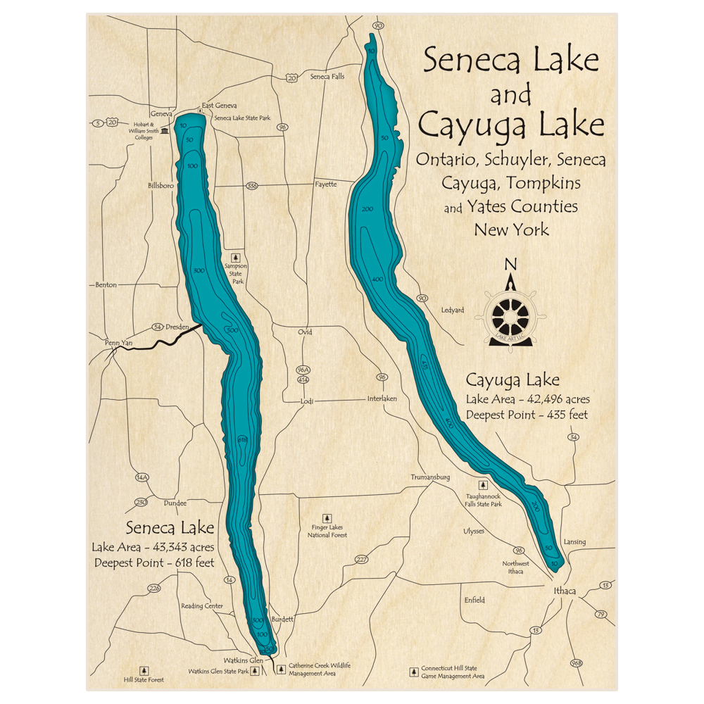Bathymetric topo map of Seneca Lake (With Cayuga Lake) with roads, towns and depths noted in blue water