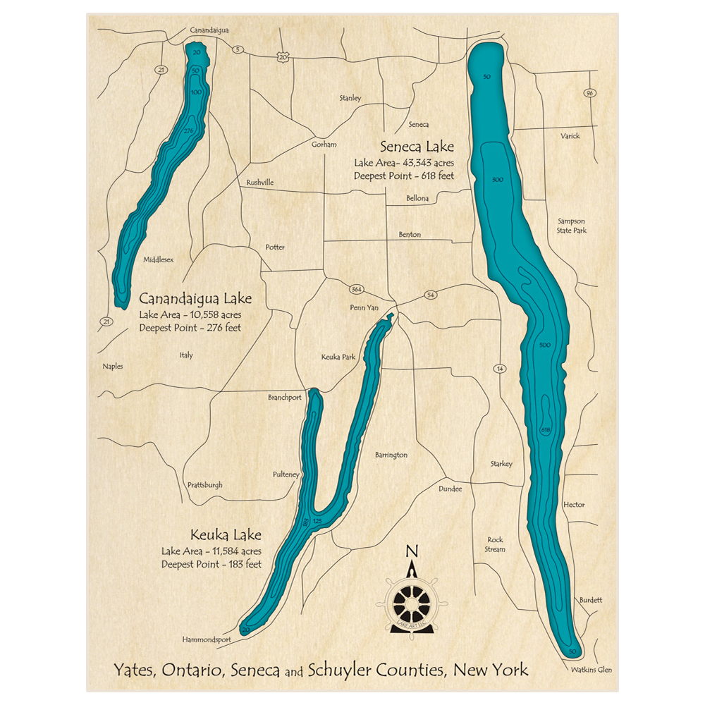Bathymetric topo map of Seneca Lake (With Keuka and Canandaigua Lakes) with roads, towns and depths noted in blue water