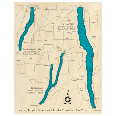 Bathymetric topo map of Seneca Lake (With Keuka and Canandaigua Lakes) with roads, towns and depths noted in blue water