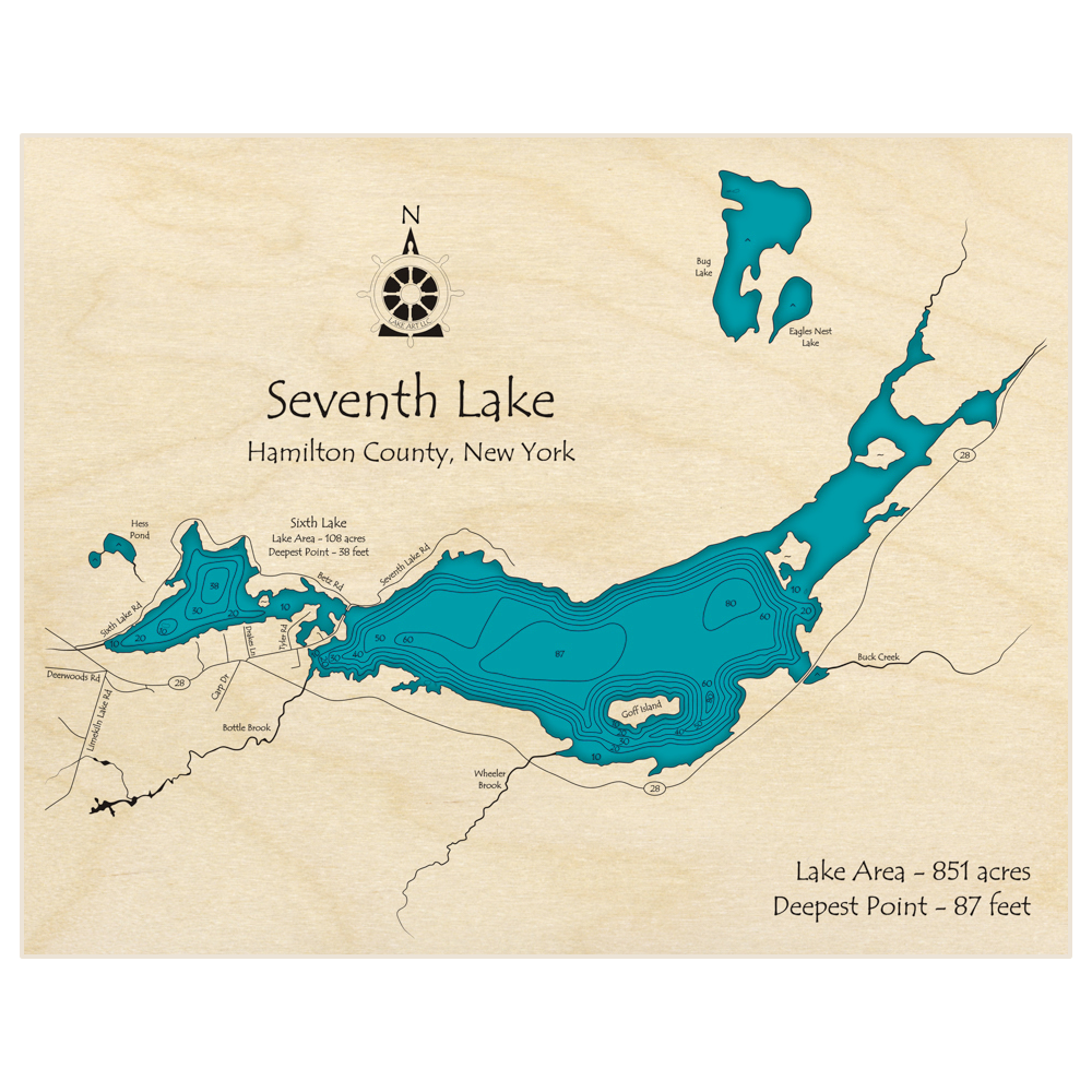 Bathymetric topo map of Seventh Lake and Sixth Lake with roads, towns and depths noted in blue water