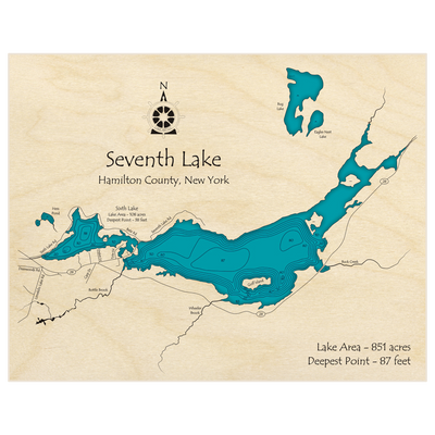 Bathymetric topo map of Seventh Lake and Sixth Lake with roads, towns and depths noted in blue water