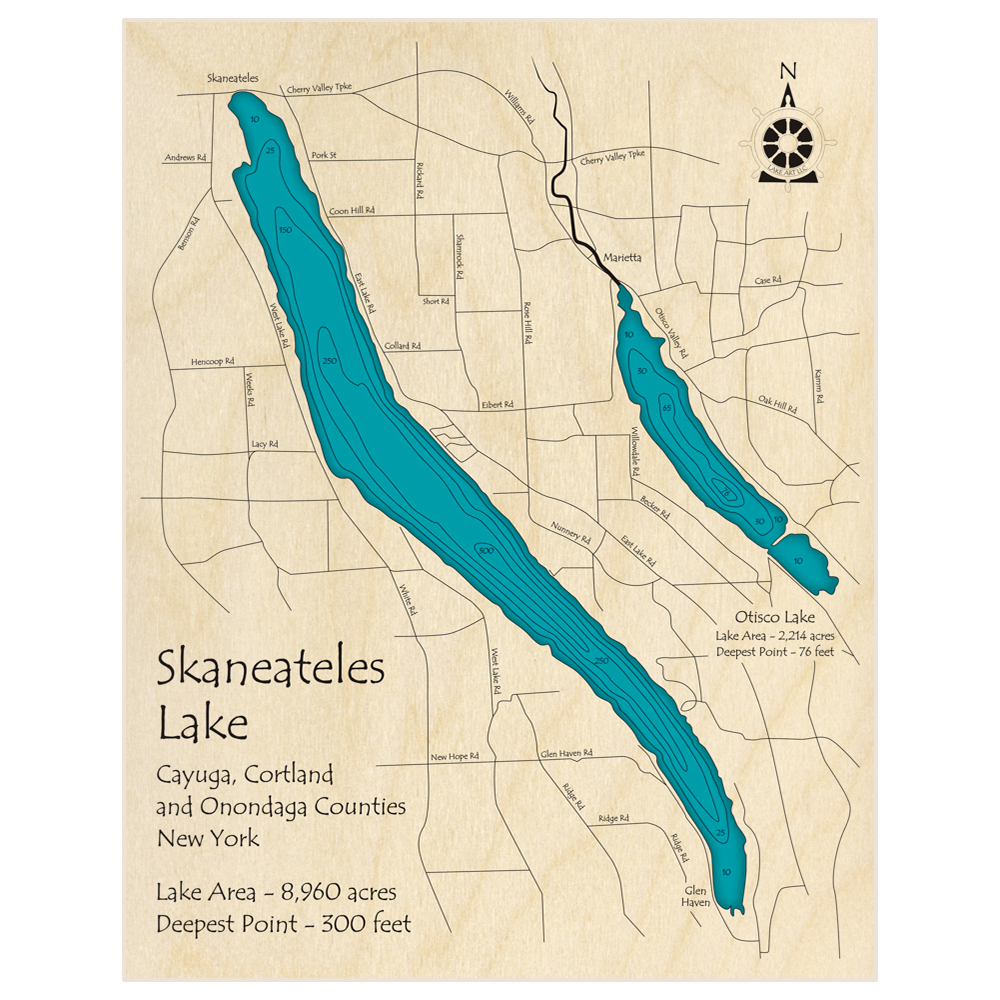 Bathymetric topo map of Skaneateles Lake (with Otisco) with roads, towns and depths noted in blue water
