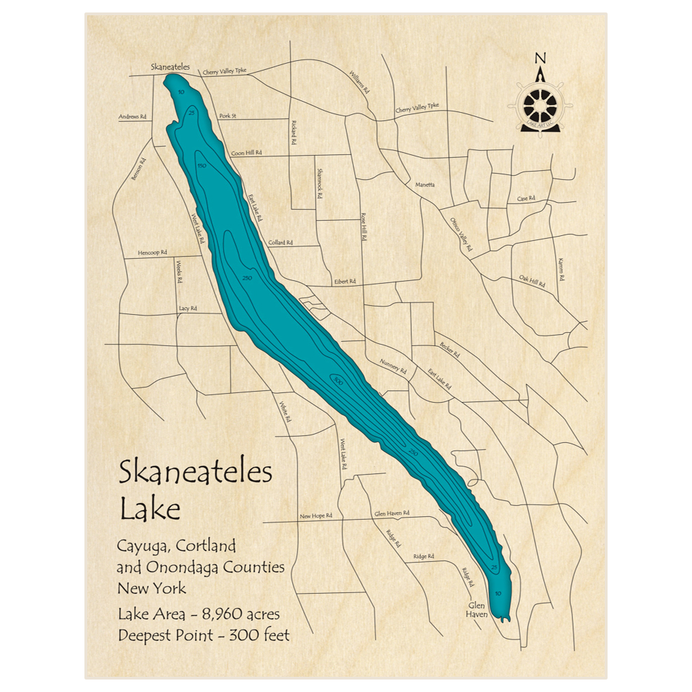 Bathymetric topo map of Skaneateles Lake (with Otisco) with roads, towns and depths noted in blue water