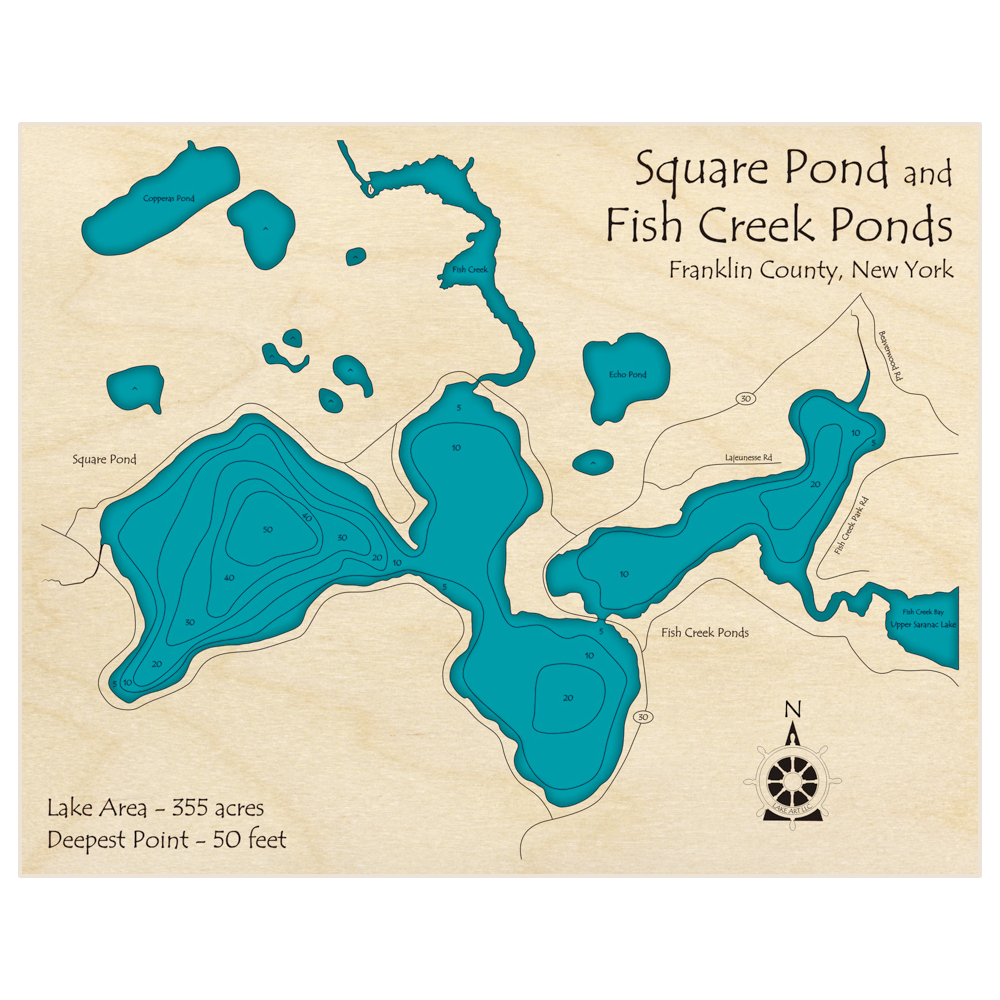 Bathymetric topo map of Square Pond (With Fish Creek Pond) with roads, towns and depths noted in blue water