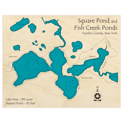 Bathymetric topo map of Square Pond (With Fish Creek Pond) with roads, towns and depths noted in blue water