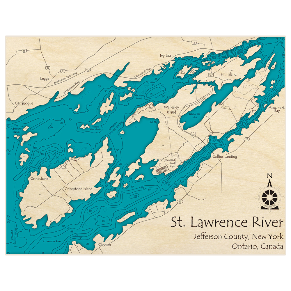 Bathymetric topo map of Thousand Islands Grindstone and Wellesley Islands with roads, towns and depths noted in blue water