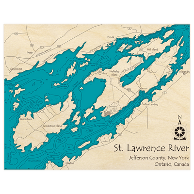 Bathymetric topo map of Thousand Islands Grindstone and Wellesley Islands with roads, towns and depths noted in blue water