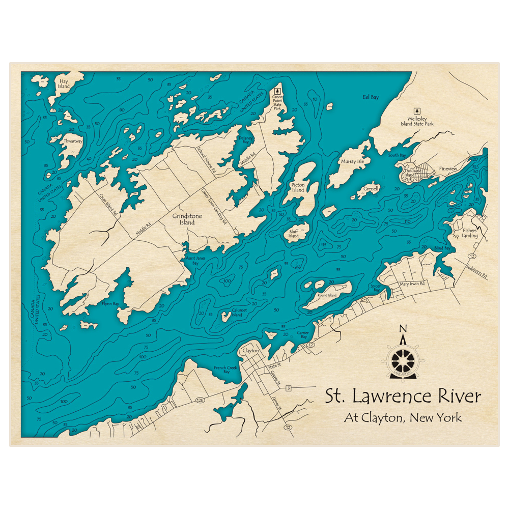 Bathymetric topo map of St Lawrence River (At Clayton NY) with roads, towns and depths noted in blue water