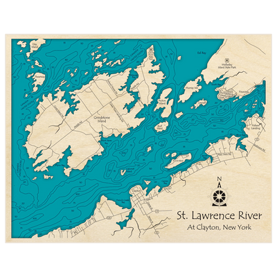 Bathymetric topo map of St Lawrence River (At Clayton NY) with roads, towns and depths noted in blue water