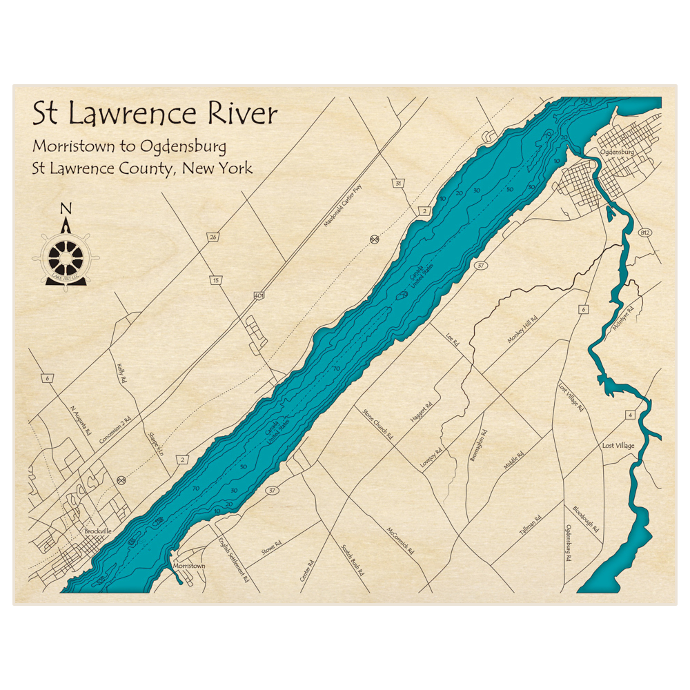 Bathymetric topo map of St Lawrence River (Zoomed in from Morristown to Ogdensburg) with roads, towns and depths noted in blue water