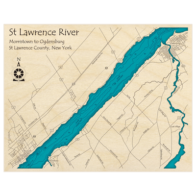 Bathymetric topo map of St Lawrence River (Zoomed in from Morristown to Ogdensburg) with roads, towns and depths noted in blue water