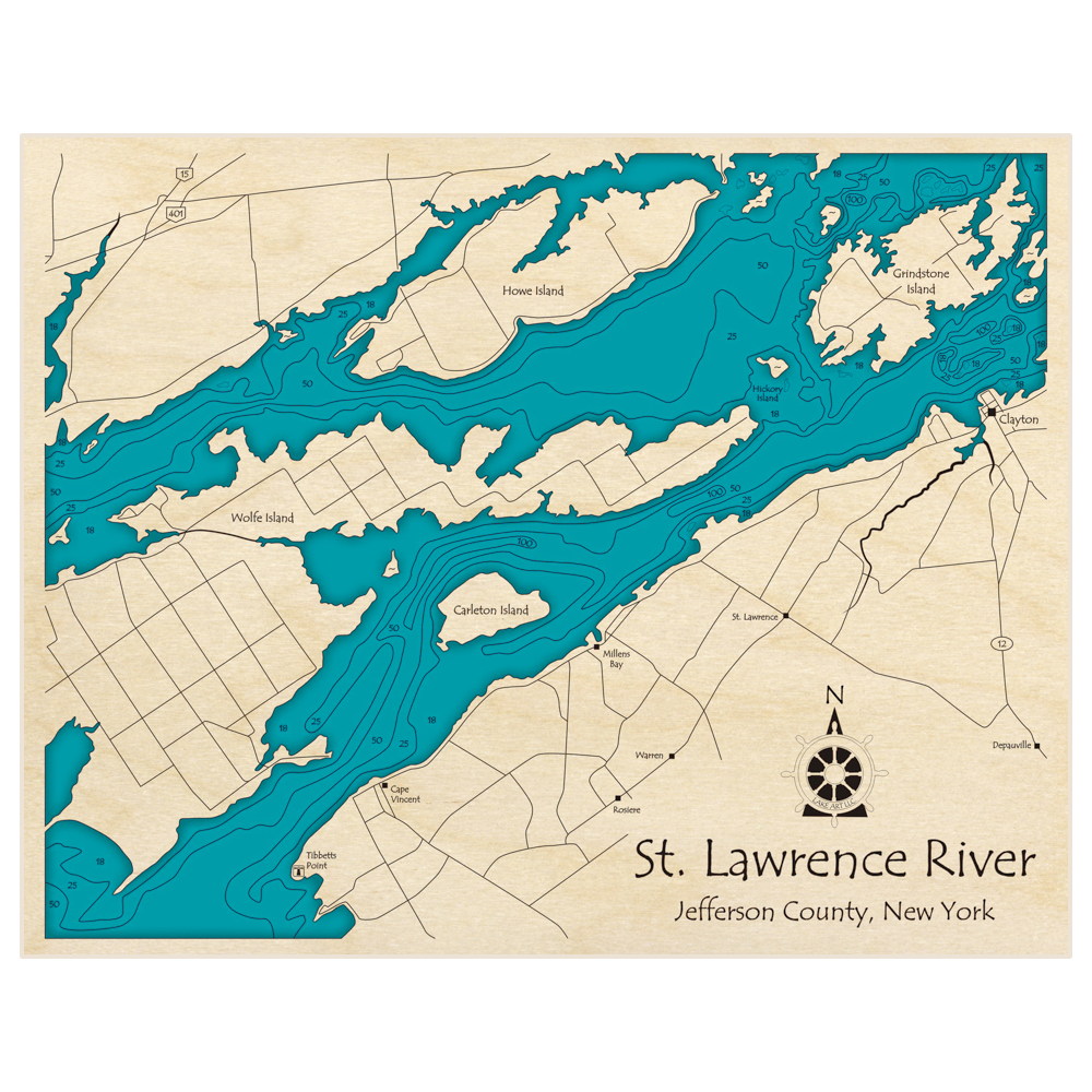 Bathymetric topo map of St Lawrence River (Clayton To Tibbetts Point and Fuller Bay) with roads, towns and depths noted in blue water