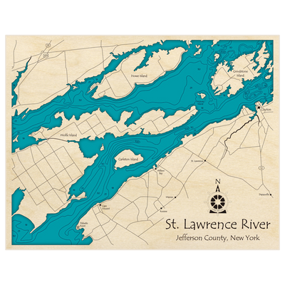 Bathymetric topo map of St Lawrence River (Clayton To Tibbetts Point and Fuller Bay) with roads, towns and depths noted in blue water