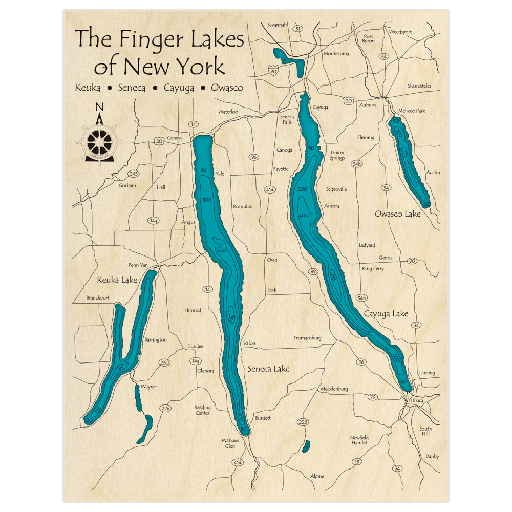 Bathymetric topo map of The Finger Lakes ZOOMED IN (Keuka, Seneca, Cayuga, Owasco ONLY) with roads, towns and depths noted in blue water