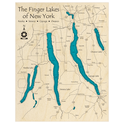 Bathymetric topo map of The Finger Lakes ZOOMED IN (Keuka, Seneca, Cayuga, Owasco ONLY) with roads, towns and depths noted in blue water