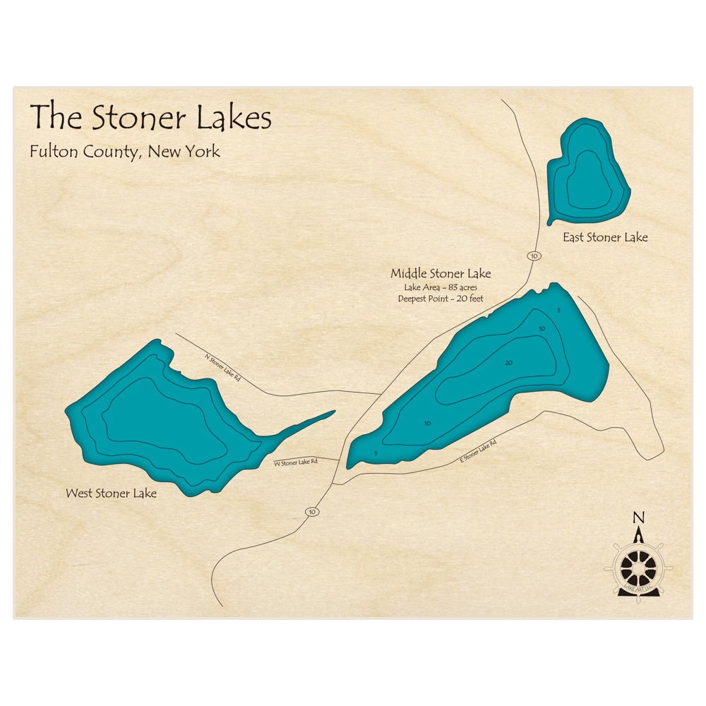 Bathymetric topo map of The Stoner Lakes with roads, towns and depths noted in blue water