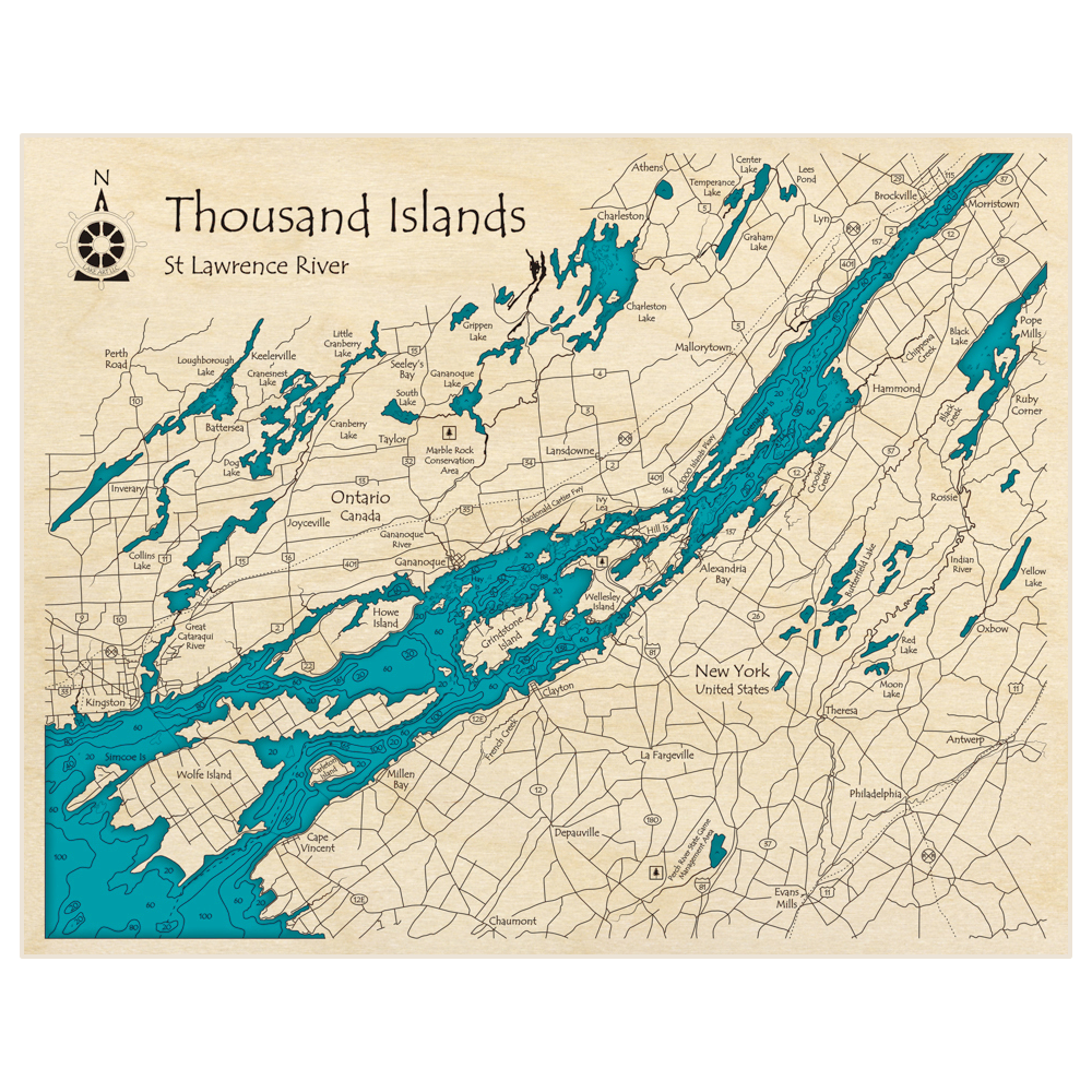 Bathymetric topo map of Thousand Islands (Kingston to Brockville) with roads, towns and depths noted in blue water