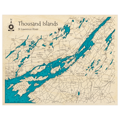 Bathymetric topo map of Thousand Islands (Kingston to Brockville) with roads, towns and depths noted in blue water