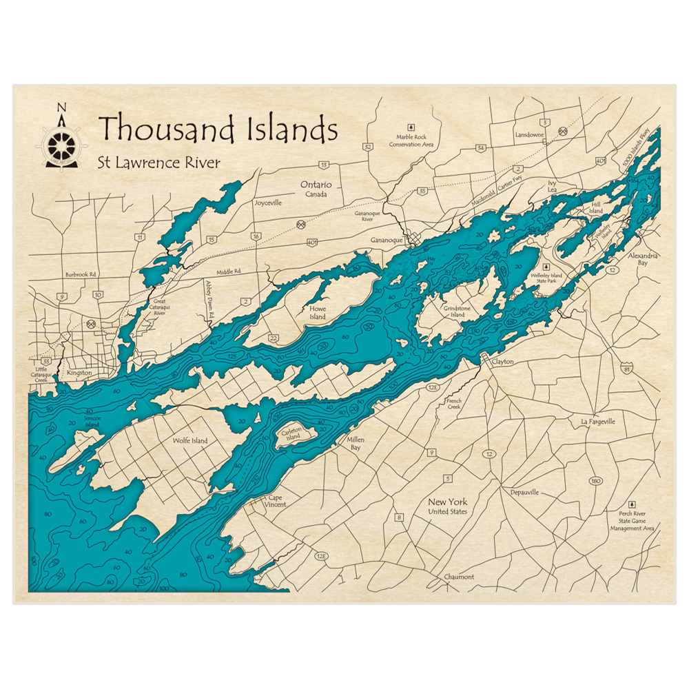 Bathymetric topo map of Thousand Islands (Kingston to Ivy Lea) with roads, towns and depths noted in blue water