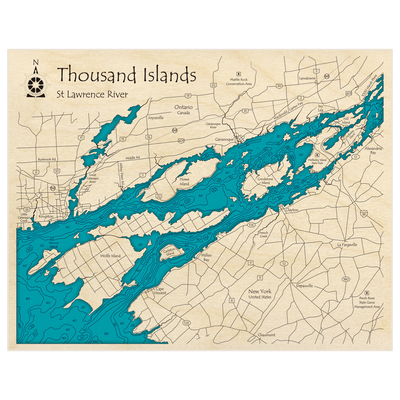 Bathymetric topo map of Thousand Islands (Kingston to Ivy Lea) with roads, towns and depths noted in blue water