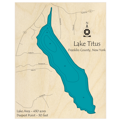 Bathymetric topo map of Lake Titus with roads, towns and depths noted in blue water